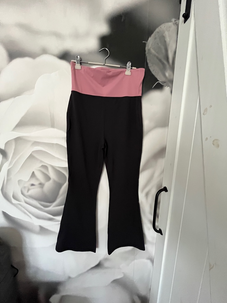 Smash + Tess High-Waist Black Flare Leggings With Pink Fold-Over Waistband